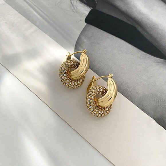 Yellow Gold Women's Gold Color Zinc Alloy Full Diamond Inlaid Hoop Earrings - Picture 3 of 5